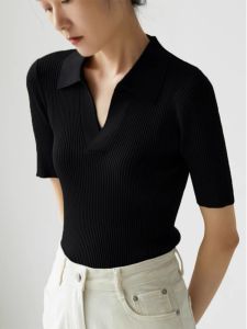 HUOLISI | French Style Black Collared Short Sleeve Knit Ice Silk T-Shirt