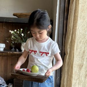 เสื้อยืดผู้หญิงแขนสั้นลายปักผูกโบว์ ทรงหลวม สไตล์เกาหลี สำหรับเด็ก แฟชั่นฤดูร้อน เสื้อผ้าเด็ก ผ้าฝ้าย