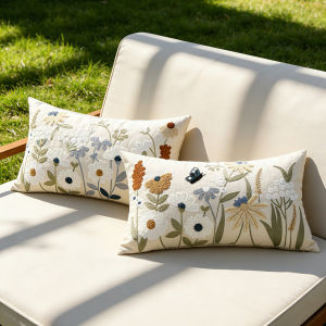 Floral Embroidered Decorative Throw Pillow Covers 12x20 Inch Spring Blue Flower Green Leaf Pillows Farmhouse Patio Cushion Cases