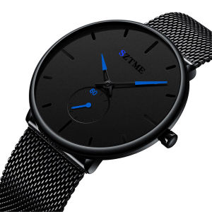 Fashionable British ultra-thin mens watch with mesh strap casual and cool blue needle quartz watch for men