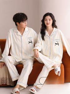 MiiOW | ชุดนอนผ้าฝ้ายคู่รัก แขนยาว กางเกงขายาว ใส่สบาย ฤดูใบไม้ผลิและฤดูใบไม้ร่วง ชุดอยู่บ้าน ชุดนอนผู้ชายและผู้หญิง ชุดนอนคู่รัก MiiOW