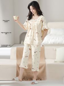 MiiOW | Pure Cotton Sleepwear Womens Summer New Cute Cool Feeling Short Sleeve Home Clothes Shorts Set Breathable Comfortable Casual