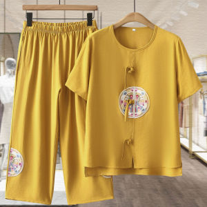 Ice Silk Cotton Linen Short Sleeve T-Shirt Set Womens Ethnic Style Top Loose Fit Button Detail Eighteen Pants Vintage Pattern