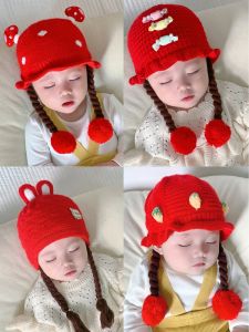 Princess Style Baby Girls Autumn Winter Cotton Hat with Braid Fake Hair Warm Inner Lining Red Color for 0-6 Months Babies