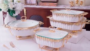 Kitchen Plus White and Gold Ceramic Chafing Serving Dish Ceramic Food Warmer with Lid KP149
