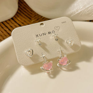 Ready Stock S925 Silver Needle Pink Water Diamond Earrings Set Fashion Girl Heart Super Sparkling Earbone Studs Student Versatile Earrings