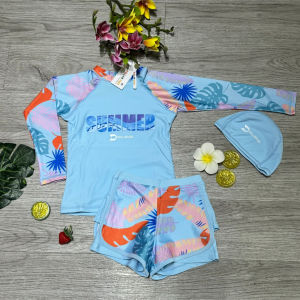 Đồ bơi bé gái 2 mảnh quần đùi 2 lớp áo phủ bụng dài tay kín đáo đáng yêu đủ size từ 20kg đến 28kg BINSPORTS BB111