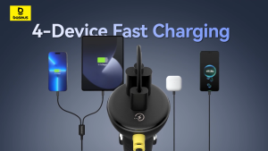 Tẩu sạc nhanh 2 cổng trên ô tô 60W Baseus Circular Plastic Car Charger tích hợp cáp lò xo Type C và Ligtning