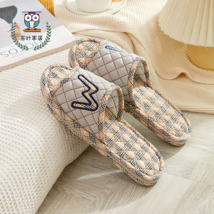 รองเท้าแตะผ้าฝ้ายแท้คู่รัก รองเท้าแตะผู้หญิง ฤดูใบไม้ผลิและฤดูใบไม้ร่วง สไตล์เรียบง่าย รองเท้าแตะในบ้านแบบเงียบ ป้องกันการลื่น รองเท้าแตะพื้นสามชั้น