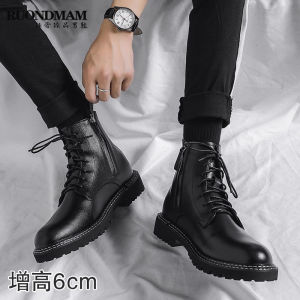 RUONDMAM Genuine Leather Martin Boots for Men Winter Fleece High Top Shoes British Style Mid-Height Work Boots with Microfiber Lining