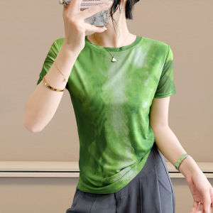 YIMEI เสื้อยืดผ้าตาข่ายย้อมสีไทกระชับสัดส่วนสำหรับผู้หญิง2025ยุโรปย้อนยุคคอกลมสำหรับฤดูร้อนแขนสั้น