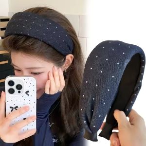 2Pcs Polka Dot Wide Hair Hoop Solid Color Denim Blue Retro Headband for Women Daily Versatile Non Slip Hair Accessories