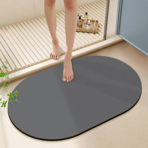 VIKAMA Irregular Oval Diatomite Bath Mat Quick Dry Non Slip Grey Shower Rug Solid Color Absorbent Entry Bedroom Doormat Decor