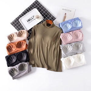 เสื้อทีเชิ้ตคอเต่าแขนยาวมีแผ่นรองหน้าอกผ้าโมดาล์วแบบฤดูใบไม้ร่วงเสื้อตัวในแบบชิ้นเดียวไม่มีโครงเหล็กสำหรับผู้หญิงเสื้อในเสื้อในแบบไม่ต้องใส่บราสำหรับฤดูใบไม้ร่วง