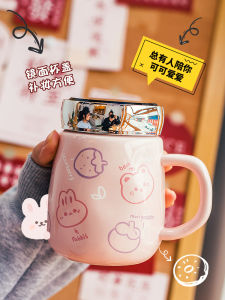 Adorable Cartoon Ceramic Mug with Spoon Portable Large Capacity Water Cup Mirror Cover Popular Internet Red Mugs for Girls