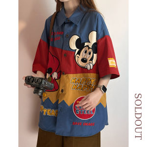 Original Summer American Retro Cartoon Embroidery Short Sleeve Loose Splicing Color Contrast Womens Shirt Cotton Blend Casual