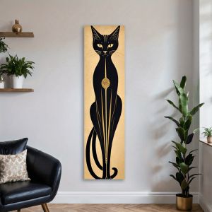 VIKAMA Vertical Black Cat Tapestry Narrow-Width Tapestry with Mysterious Minimalist Gold Egyptian Lines Hallway Home Decor