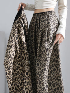 American Style Leopard Print Wide Leg Pants Womens High Waist Slimming Loose Straight Casual Floor-Length Trousers