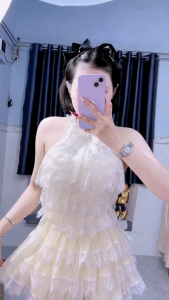 MK_ Set váy tiểu thư đồ đi tiệc set áo cổ yếm Ren đính nơ phối chân váy ngắn Tơ tầng dễ thương