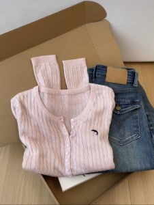 Soft Pink Knitted Twist Sweater Top Womens Henry Collar Autumn Early Season Atmosphere Feeling Clothing Korean Style Long Sleeve