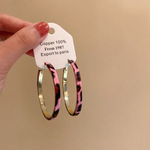Barbie Pink Leopard Print Large Hoop Earrings Unique Vintage Versatile Ear Jewelry Fresh out Korean Style Alloy Geometric Pattern