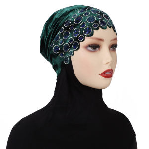 Jifang Elastic Soft Plain Velvet Rhinestones Round Circles Muslim Hijab Inner Cap PW103