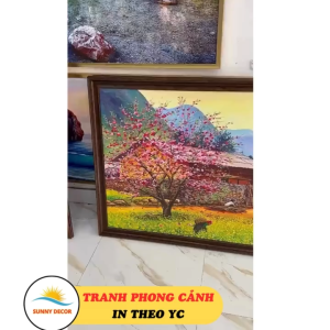 Tranh Treo Tường Phong Cảnh Nhà Vùng Cao - Tranh Mùa đông và cây đào Tráng Gương Khung Vân Gỗ 7cm Cao cấp