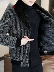 HENGYUANXIANG | Hengyuanxiang Mens Thickened Woolen Coat Fur Lined Down Jacket Autumn Winter Warm Fashionable V-neck Polyester Nylon