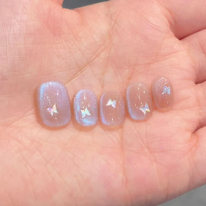 Handmade Nail Stickers Wear Armor Short Ins Aurora Ice Transparent Cat Eye Painted Butterfly Ice Blue Fake Nail Tip