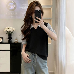 Áo Polo Sọc Giả Hai Mảnh Tay Ngắn Giảm Cân