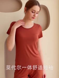 [Suji Studio]2 In 1 Stylish Womens T-Shirt with Padded Bra Cup Short Sleeve Slim Fit Base Shirt Round Neck Top