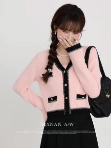 Áo Cardigan Knit Ngắn V-neck Màu Sắc Khối