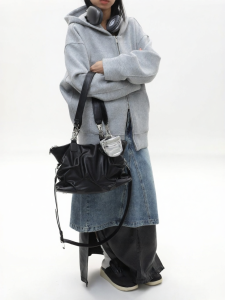 JANDRESS | Advanced Black Crumpled Street Style Tote Bag Large Capacity Commuter Shoulder Crossbody