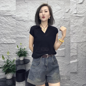 Shalldoer | Bộ đồ hai mảnh mùa hè cho nữ cổ hạc tay ngắn màu đen phong cách Hong Kong quần short denim quần áo công sở thời trang