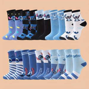 Disney | 10 Pairs Cute Stitch Cartoon Socks Set Funny Anime Character Crew Socks Breathable Cotton Casual Socks for Women Men Teens