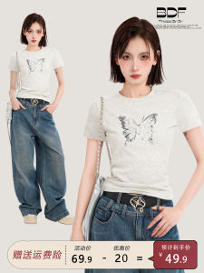 Áo Thun Tay Ngắn Ôm Vừa Vặn in Họa Tiết Bướm Màu Xám Mùa Hè Cho Nữ Áo Lót Ngắn Mặc Trong Phong Cách Mỹ Áo Thun Cổ Tròn