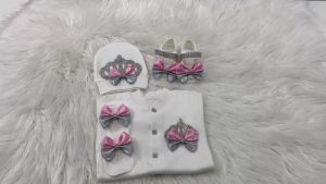 Tulle Crown Lace Satin Bow Baby Footed Romper Newborn 0-9 Months 4Pcs White Baby Pink Pearl Royal Jumpsuit Gift