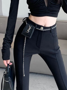 Black Slit Skinny Suit Pants for Women Spring & Fall Stylish High Waist Flared Pants Stretch Silm Draping Effect Mop Pants