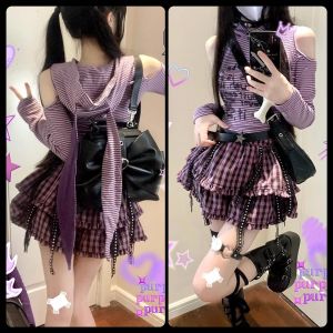 Harajuku Punk Mini Skirt Grid Pattern Versatile Half-length Fluffy Skirt Rock Sweet Cool Short Skirt Womens Clothing