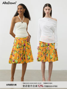 Tropical Orange Print Heavy Embellished A-Line Midi Skirt Holiday Vibes Half-length Pleated Skirt High Waist Polyester Blend