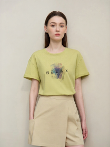 AMII | New Leisure Letter Embroidery Abstract Print Cotton Cooling Women T-Shirt