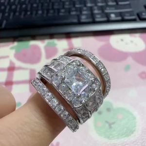 Huitan 3pcs/set Ring for Women Silver Color Wedding Engagement Promise Jewelry Inlaid Bright CZ Trendy Bridal Accessories Set