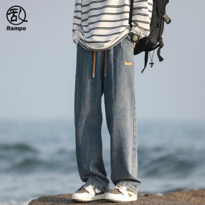 กางเกงยีนส์ทรงหลวมขาตรงสีน้ำเงินอ่อนสไตล์อเมริกันสำหรับผู้ชาย กางเกงขายาวทรงหลวมสไตล์สตรีท กางเกงขายาวทรงหลวมสำหรับผู้ชาย