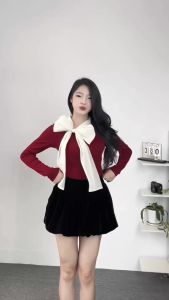 Áo Thun Cotton Dài Tay Phối Cổ Nơ Tơ Kem Bánh Bèo Tiểu Thư BigSize MiSoul  Áo Dài Tay Cổ Mix Dây Nơ Điệu Đà 374