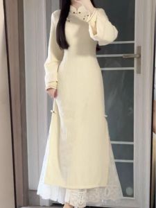 ชุดกี่เพ้าแขนยาวหนาสไตล์จีนใหม่สำหรับฤดูหนาวปี 2025 ชุดเดรสยาวสำหรับผู้หญิงวัยรุ่นที่สวมใส่ได้ในชีวิตประจำวัน