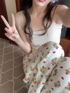 Pure Cotton Womens Sleepwear 2025 New Summer Outdoor Casual Sweetened with Chest Pad Home Clothes Set Comfortable Long Pants