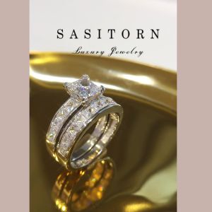 Sasitorn Jewelry แหวนเพชรคู่ ทรงเหลี่ยม 1 กะรัต เพชรเกรดดีที่สุด - สวยหรู, ใส่ออกงาน, ใส่สลับแท้, ของขวัญ, เงินแท้ชูบทองคำขาว ST090