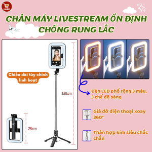 Gậy Chụp Ảnh 3 Chân  Thế Hệ Mới - Có Đèn Led hình vuông Trợ Sáng - Nút Bluetooth Điều Khiển Từ Xa - Chính Hãng