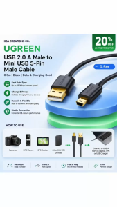 USB 2.0 A Male to Mini USB 5-Pin Cable | Black Data & Charging Cord | Durable Short Sync Cable for Cameras MP3 Players GPS Devices & Electronics | Fast Data Transfer & Stable Connection | 0.5m Length
