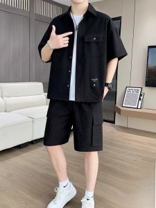 ROMON | Romon Mens Thin Casual Shirt Set Summer New Loose Ice Silk Short Sleeve Shirt Shorts Two Piece Set Lightweight Breathable